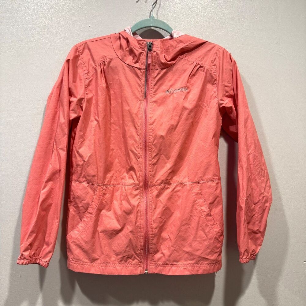 Columbia Rain Jacket Girls Hooded Packable Windbreaker Pink Lightweight sz Large